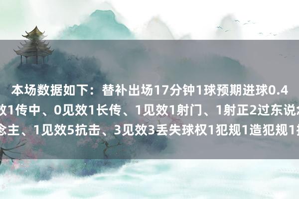本场数据如下：替补出场17分钟1球预期进球0.4011触球5传球、4见效1传中、0见效1长传、1见效1射门、1射正2过东说念主、1见效5抗击、3见效3丢失球权1犯规1造犯规1抢断获评6.9分体育赛事直播