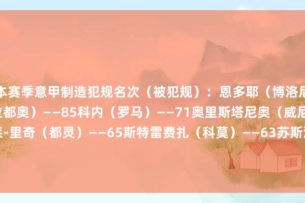 本赛季意甲制造犯规名次（被犯规）：恩多耶（博洛尼亚）——92扎卡尼（拉都奥）——85科内（罗马）——71奥里斯塔尼奥（威尼斯）——67萨穆埃莱-里奇（都灵）——65斯特雷费扎（科莫）——63苏斯洛夫（维罗纳）——61迪巴拉（罗马）——60多尔古（莱切）——55多多（佛罗伦萨）——54    美洲杯足球体育信息