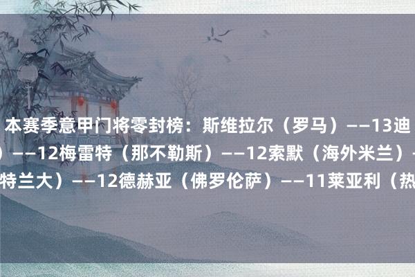 本赛季意甲门将零封榜：斯维拉尔（罗马）——13迪格雷戈里奥（尤文图斯）——12梅雷特（那不勒斯）——12索默（海外米兰）——12卡尔内塞基（亚特兰大）——12德赫亚（佛罗伦萨）——11莱亚利（热那亚）——10迈尼昂（米兰）——10萨维奇（王人灵）——9蒙蒂波（维罗纳）——8    体育录像/图片