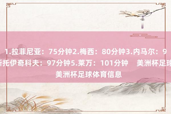 1.拉菲尼亚：75分钟2.梅西：80分钟3.内马尔：95分钟4.斯托伊奇科夫：97分钟5.莱万：101分钟    美洲杯足球体育信息